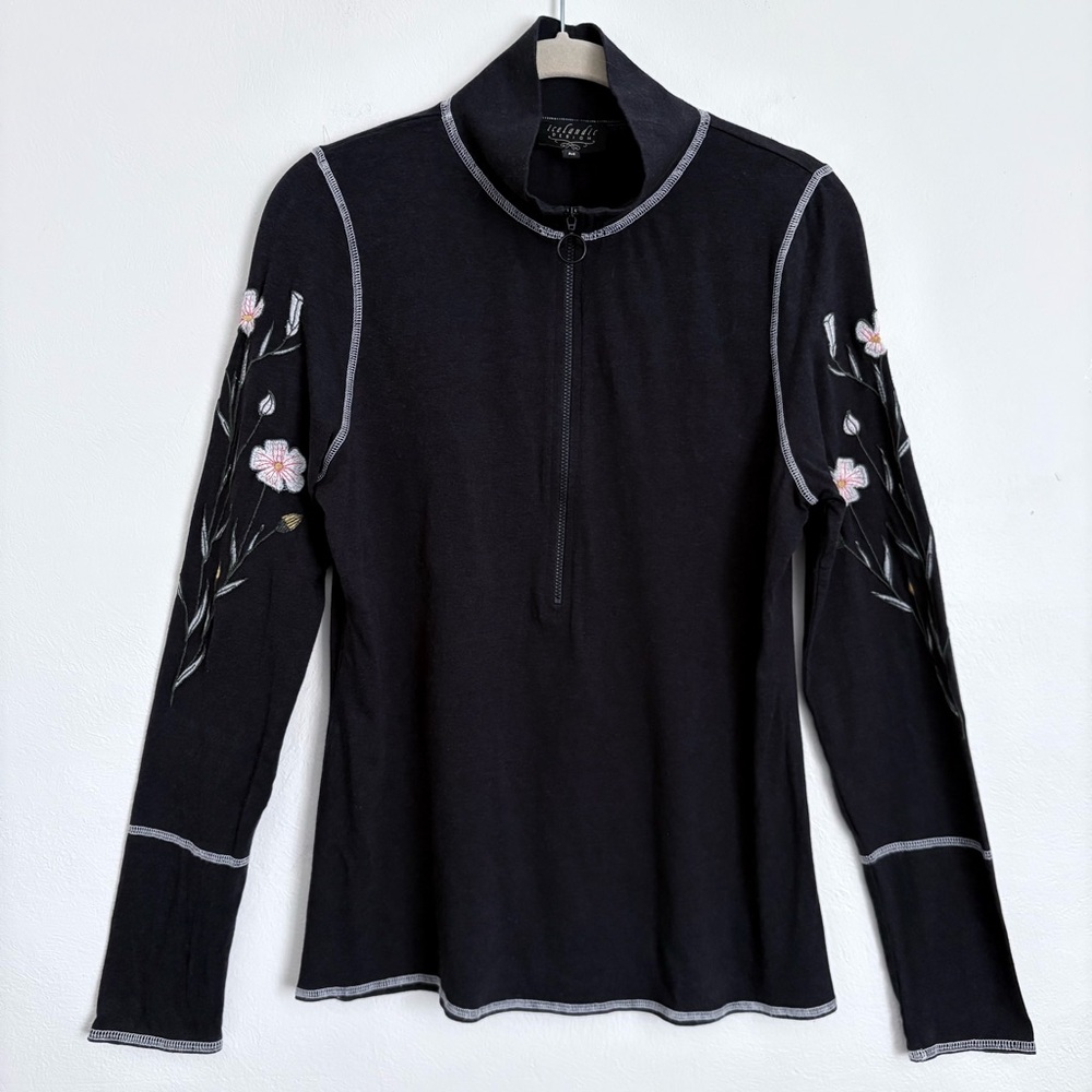 Icelandic Designs Avita 1/2 Zip Embroidered Cotton Blend Sweater Sz M